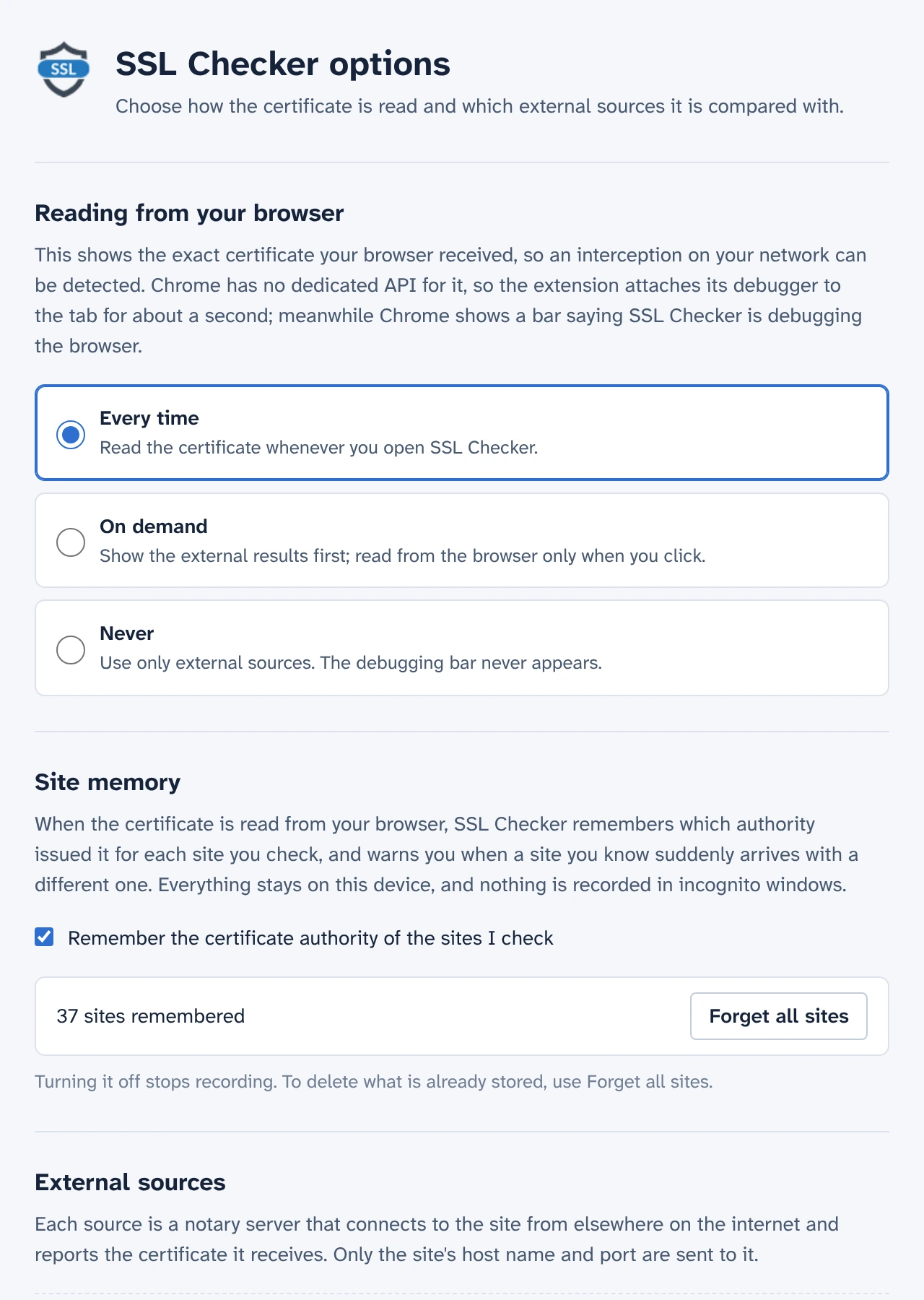 The SSL Checker options: reading from the browser every time, on demand or never, and the site memory with 37 sites remembered.