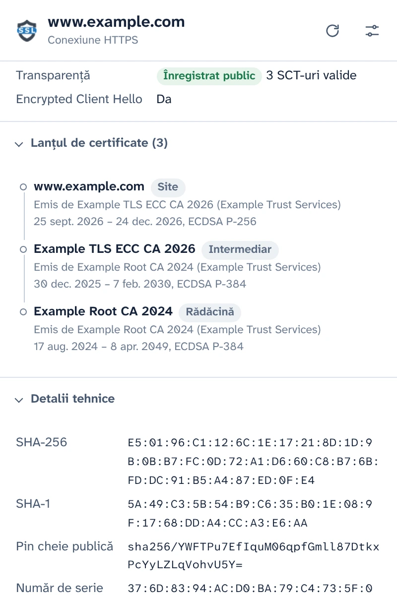 Popup-ul SSL Checker cu Certificate Transparency, lanțul de certificate și amprentele pentru www.example.com.