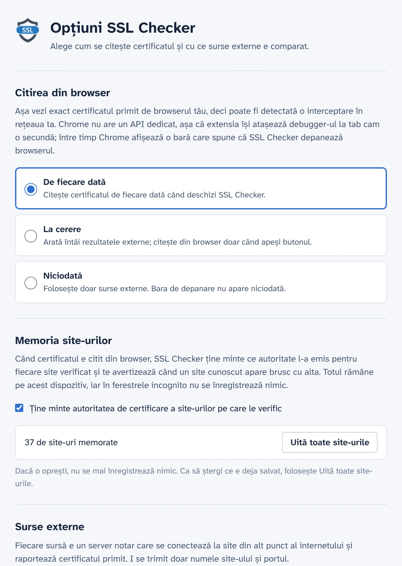 Opțiunile SSL Checker: citirea din browser de fiecare dată, la cerere sau niciodată și memoria site-urilor, cu 37 de site-uri ținute minte.